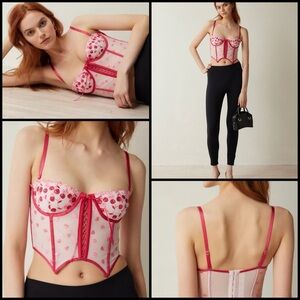 Out From Under Flora Embroidered Semi-Sheer Mesh Sexy Coquette Lace Up Bustier M